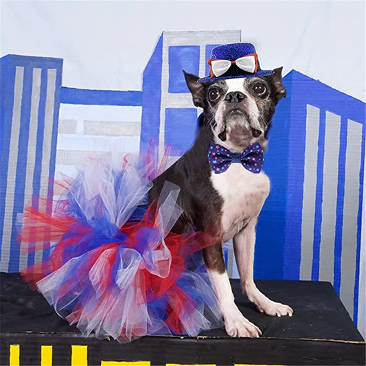 OIMG Distinctive Mesh Dog Skirt Papillon French Bulldog Independence Day Hat Decoration Star Bow Tie Dress Up Party Supplies AnniePaw Wear