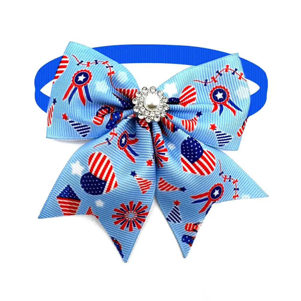 Wholesale Small Dog American Independence Day  Bowties with Pearl Accessories Pet Dog Cat Bowties Neckties Pet Grooming Supplies AnniePaw Wear