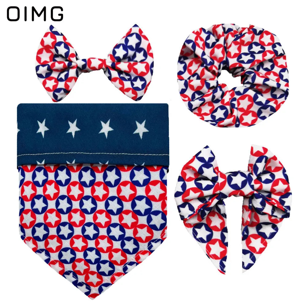 Independence Day Dog Clothes Festive Suits Four-piece Set Of Saliva Bib-neck Bow Hair Tie Dress Up Supplies Teddy Papillon AnniePaw Wear