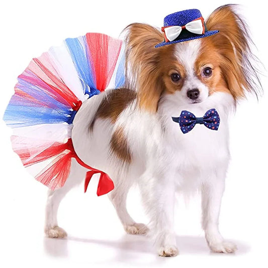 OIMG Distinctive Mesh Dog Skirt Papillon French Bulldog Independence Day Hat Decoration Star Bow Tie Dress Up Party Supplies AnniePaw Wear