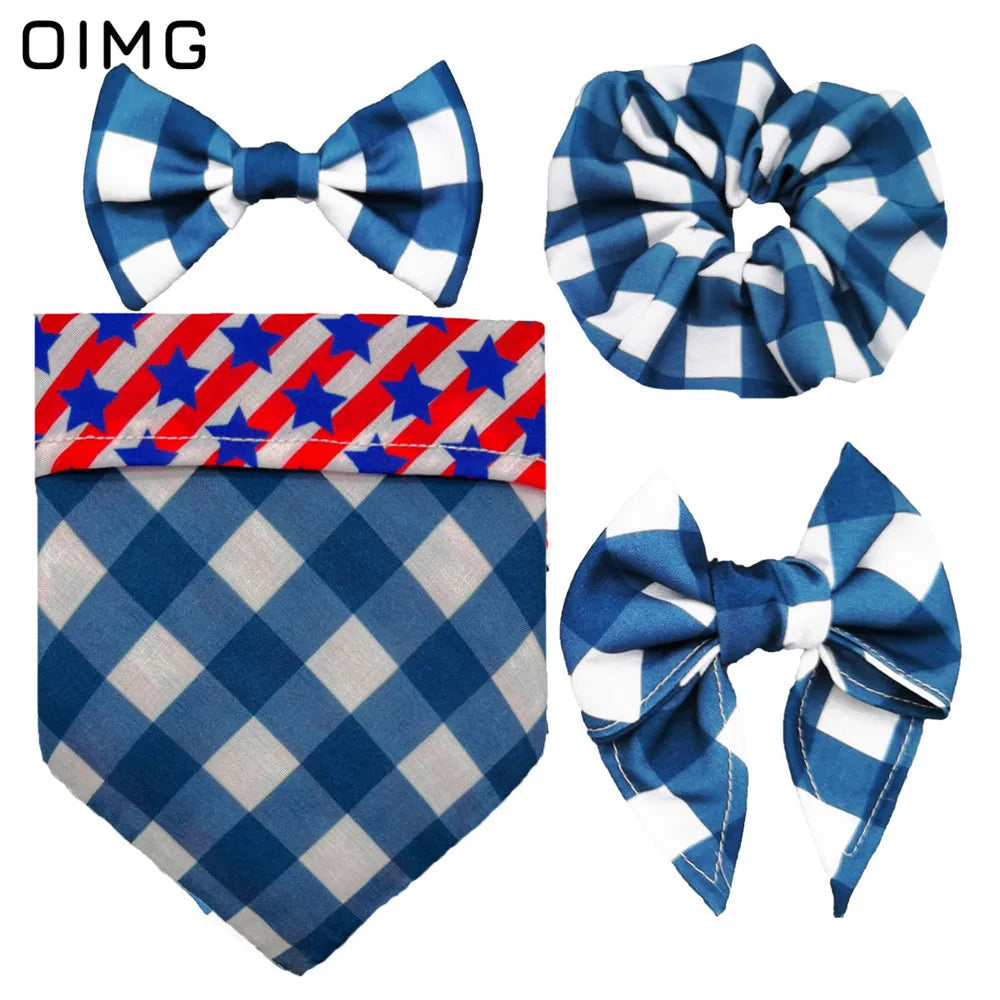 Independence Day Dog Clothes Festive Suits Four-piece Set Of Saliva Bib-neck Bow Hair Tie Dress Up Supplies Teddy Papillon AnniePaw Wear