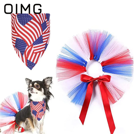 American Independence Day Dog Saliva Towel Pet Cat Mesh Tutu Skirt Puppy Dress Up Party Supplies 2Pc Set Schnauzer Papillon AnniePaw Wear