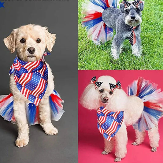 American Independence Day Dog Saliva Towel Pet Cat Mesh Tutu Skirt Puppy Dress Up Party Supplies 2Pc Set Schnauzer Papillon AnniePaw Wear