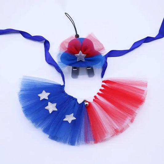 1 Set Creative Pet Costume Mesh Splicing Dress Up Bright Color Independence Day Pet Puffy Dress AnniePaw Wear