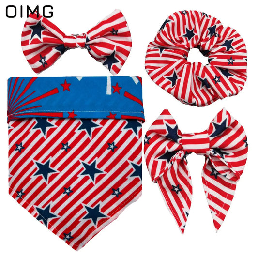 Independence Day Dog Clothes Festive Suits Four-piece Set Of Saliva Bib-neck Bow Hair Tie Dress Up Supplies Teddy Papillon AnniePaw Wear