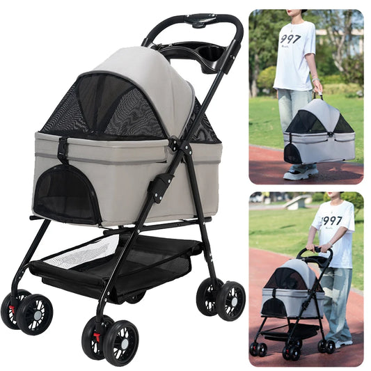 Foldable Pet Stroller 4-Wheel Dog Travel Stroller Pushchair Jogger with Storage Basket for Puppy Cat Pet Suplies Outdoor AnniePaw Wear