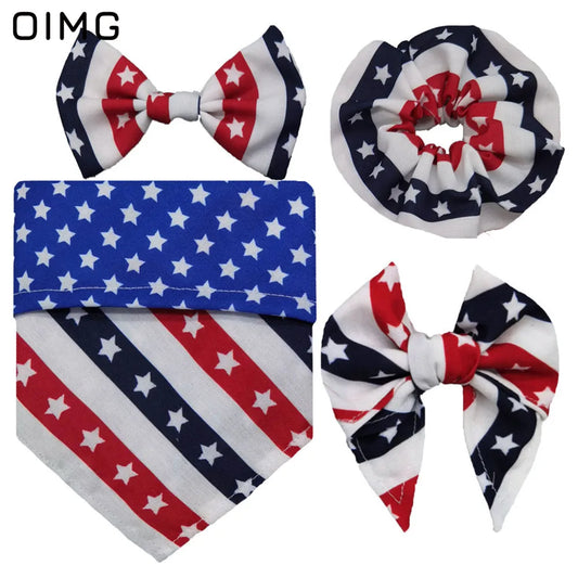 Independence Day Dog Clothes Festive Suits Four-piece Set Of Saliva Bib-neck Bow Hair Tie Dress Up Supplies Teddy Papillon AnniePaw Wear