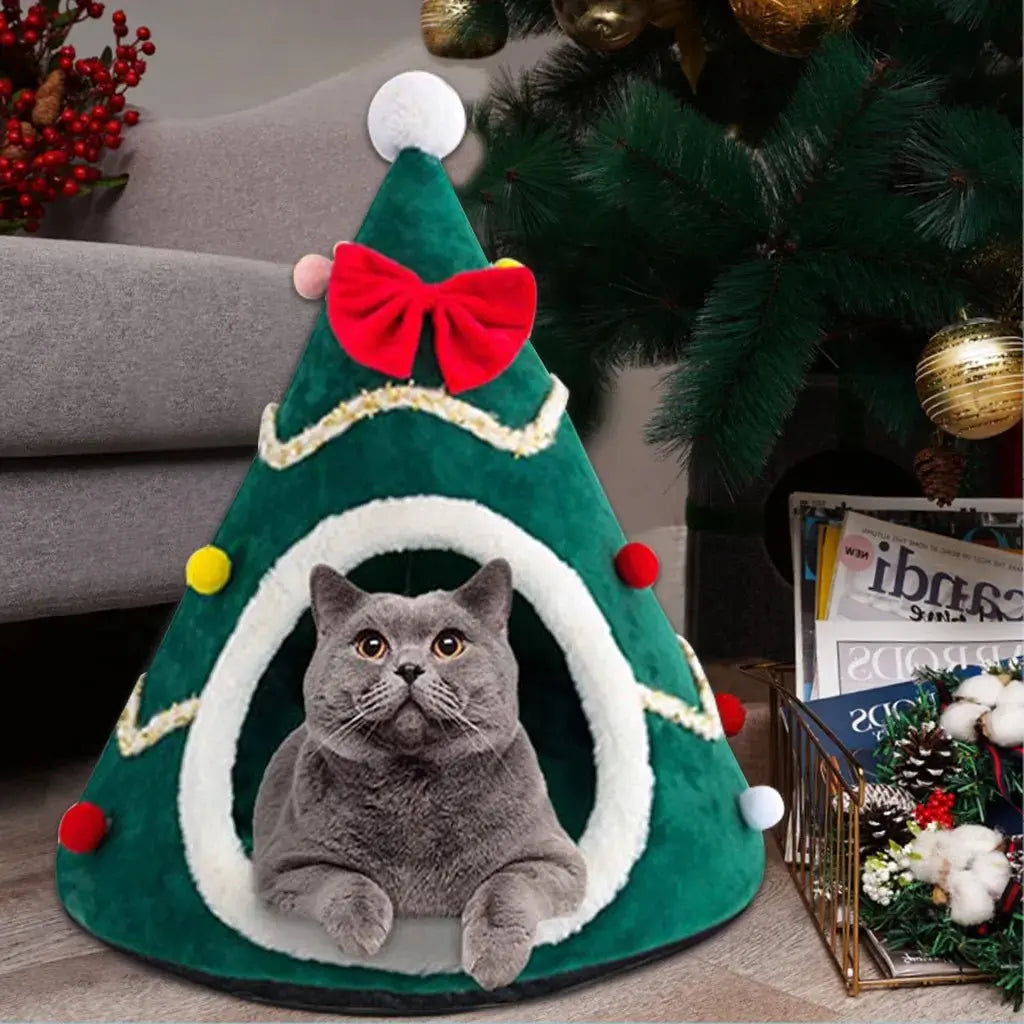 Cat Bed House Christmas Tree Shape Puppy Kennel Washable Cat Mat Kitten Cave Winter Warm Pet Beds for Cats Dogs Pet Accessories - Annie Paw WearHome Dog AccessoriesAnniePaw Wear