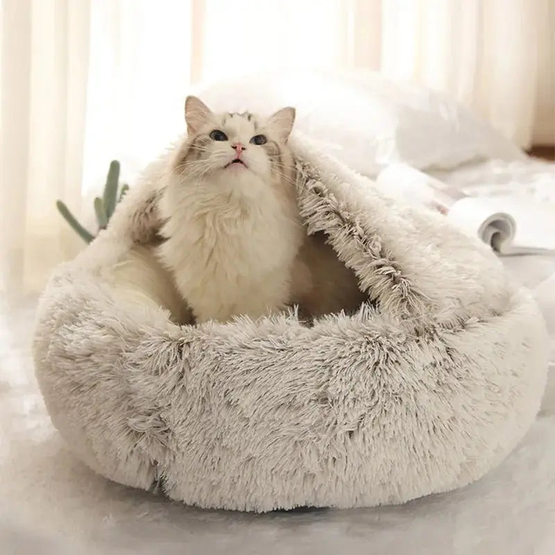 Long Plush 2 in 1 Warm Pet Bed Round Cushion for Cats Dogs Winter