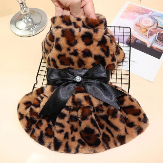 Anniepaw Pet Clothes Elegant Luxury Fur Dress Winter Overcoat Small Dog Cat Clothes Bowknot Leopard Chihuahua Noble Princess Party Dress AnniePaw Wear