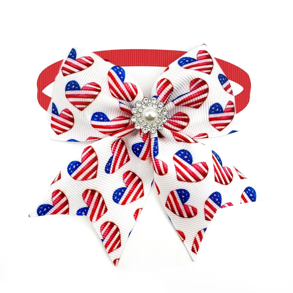 Wholesale Small Dog American Independence Day  Bowties with Pearl Accessories Pet Dog Cat Bowties Neckties Pet Grooming Supplies