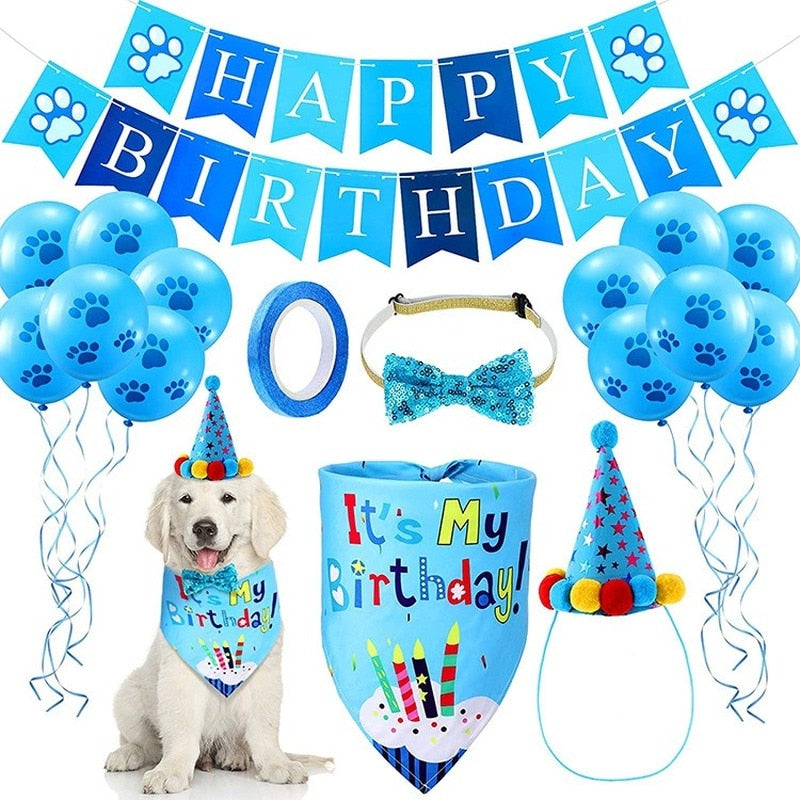 Pet Dog Birthday Party Supplies Set – Blue Theme With Banner, Hat, Bandana, Balloons & More For Cats & Dogs