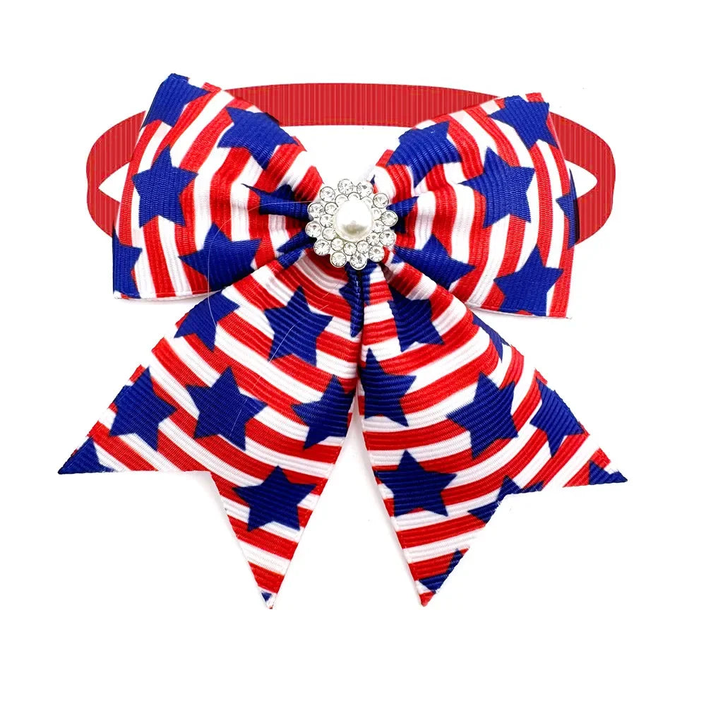 Wholesale Small Dog American Independence Day  Bowties with Pearl Accessories Pet Dog Cat Bowties Neckties Pet Grooming Supplies