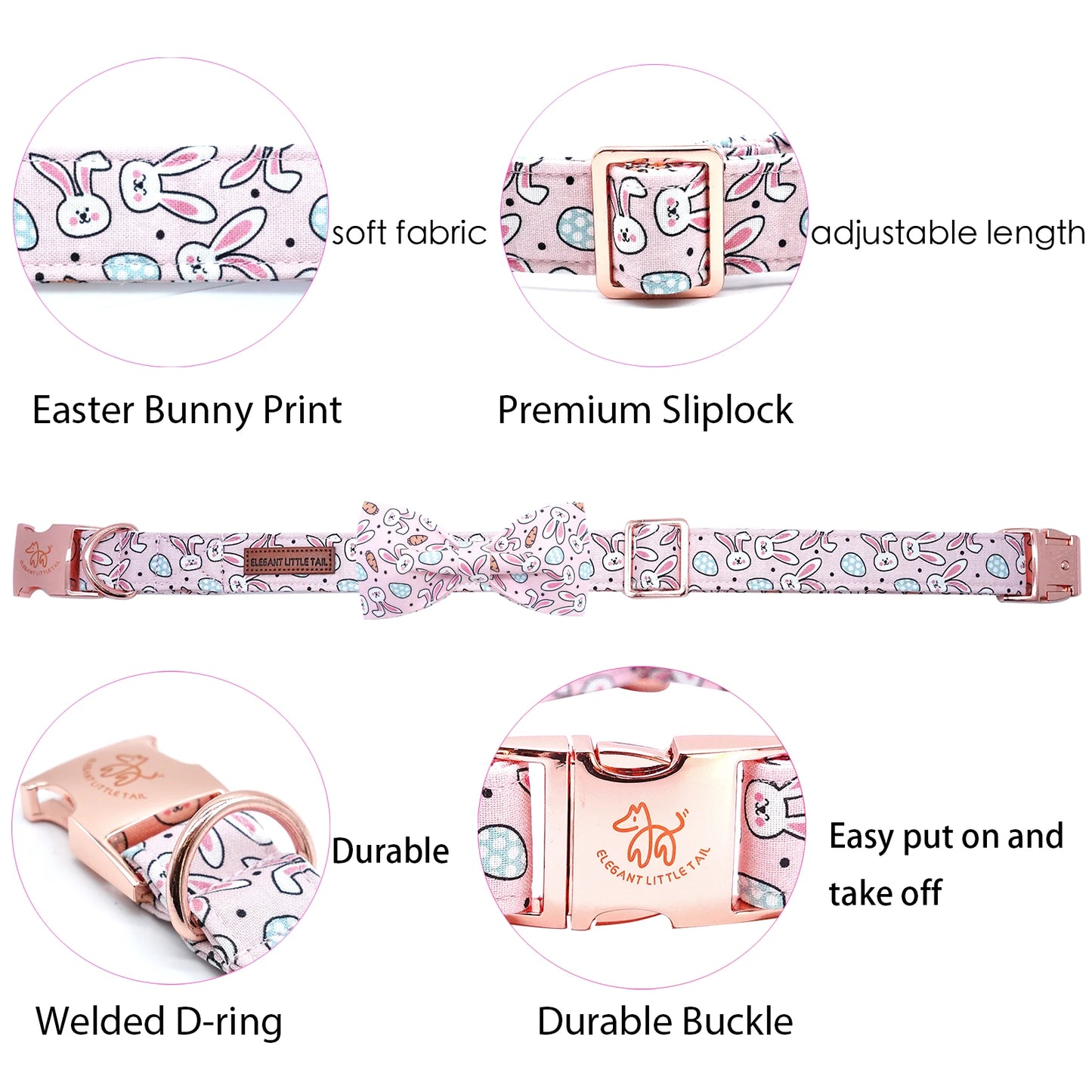 Anniepaw Easter Dog Collar with Bowtie Bunny Carrots Adjustable Cute Pink Anniepaw