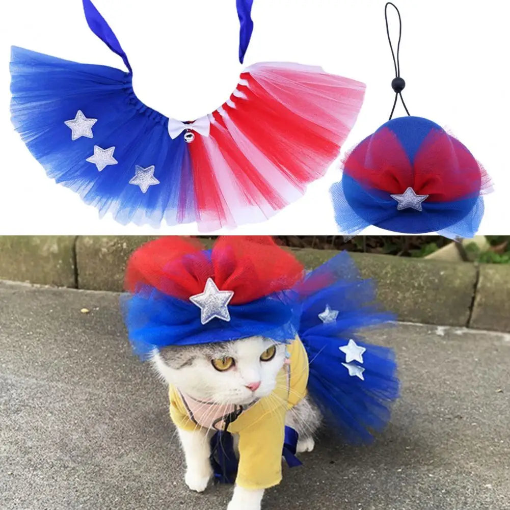 1 Set Creative Pet Costume Mesh Splicing Dress Up Bright Color Independence Day Pet Puffy Dress