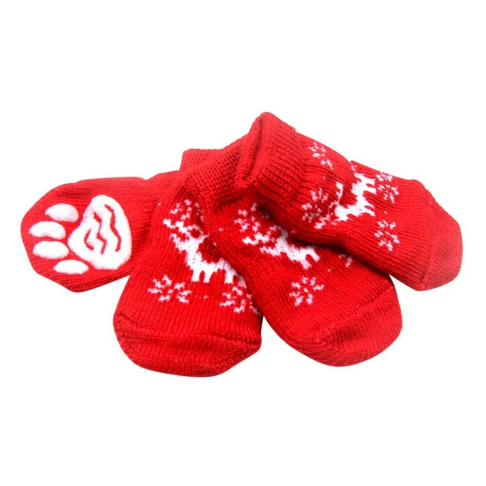 4Pcs Christmas Winter Pet Dog Socks Anti-Slip Knitted Small Dogs Shoes Thick Warm Paw Protector Cute Puppy Cat Indoor Wear Boot - Annie Paw WearShoes &Boots &SocksAnniePaw Wear