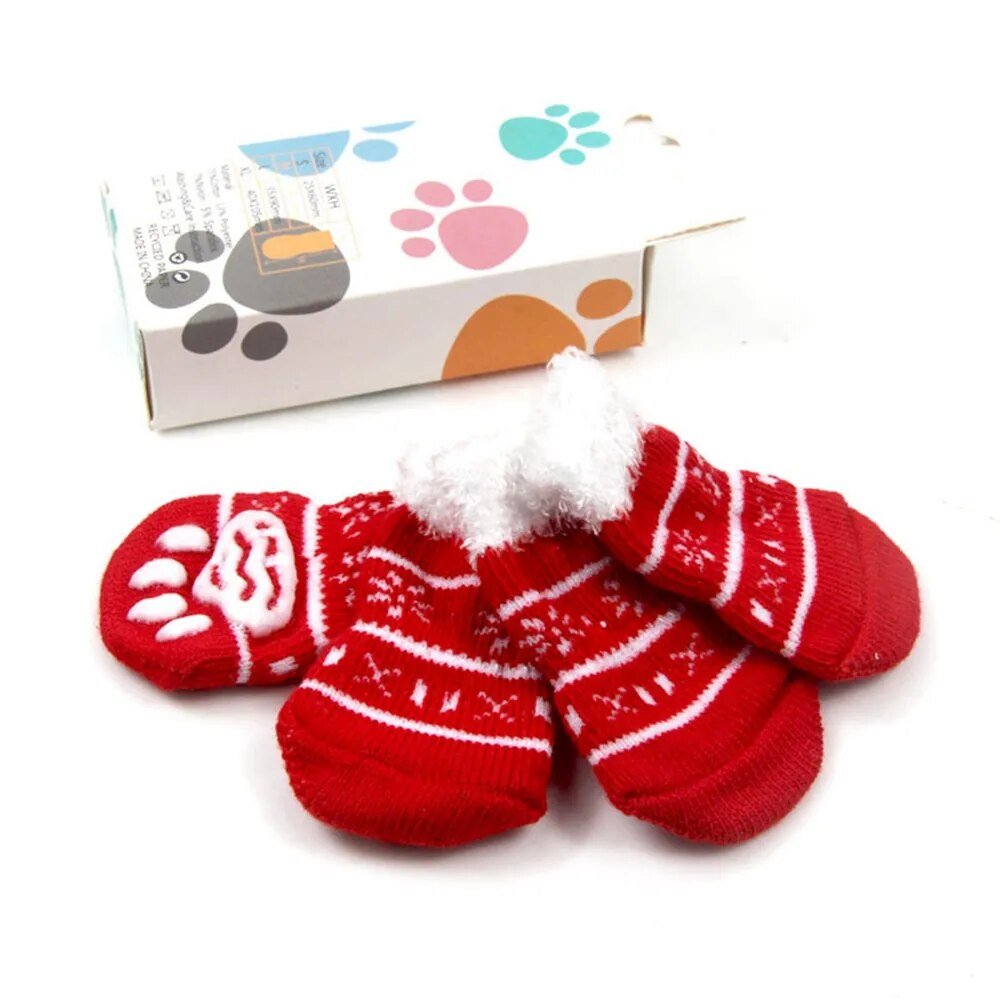 4Pcs Christmas Winter Pet Dog Socks Anti-Slip Knitted Small Dogs Shoes Thick Warm Paw Protector Cute Puppy Cat Indoor Wear Boot - Annie Paw WearShoes &Boots &SocksAnniePaw Wear