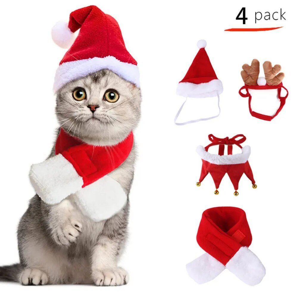 4Pcs Dog Christmas Scarf Bandana Cap Cotton Washable Dog Scarf Bow Tie bibs Santa Costume Pet Cat Dog hat XMAS party Accessories - Annie Paw WearcostumesAnniePaw Wear