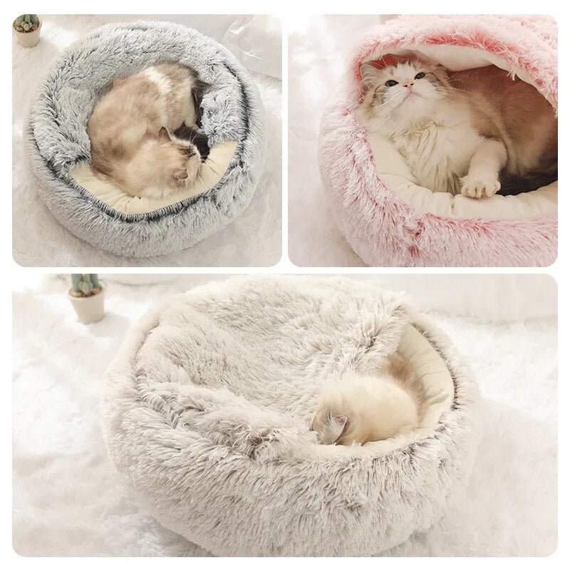 Anniepaw Long Plush 2 in 1 Warm Pet Bed Round Cushion for Cats Dogs Winter Nest