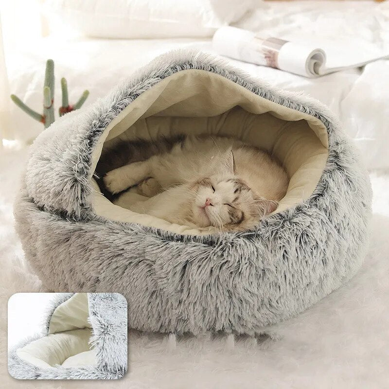 Anniepaw Long Plush 2 in 1 Warm Pet Bed Round Cushion for Cats