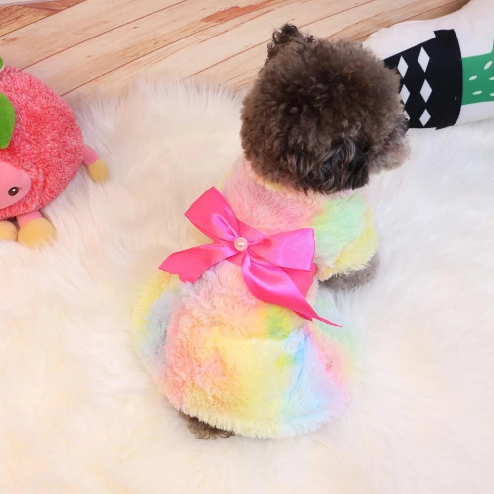 Anniepaw Pet Clothes Elegant Luxury Fur Dress Winter Overcoat Small Dog Cat Clothes Bowknot Leopard Chihuahua Noble Princess Party Dress