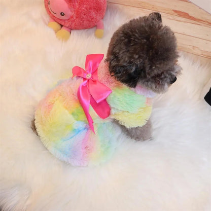 Anniepaw Pet Clothes Elegant Luxury Fur Dress Winter Overcoat Small Dog Cat Clothes Bowknot Leopard Chihuahua Noble Princess Party Dress