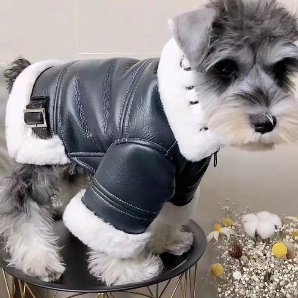 Anniepaw Winter Warm Jacket Wool Sweater Leather Coat for Small Dogs