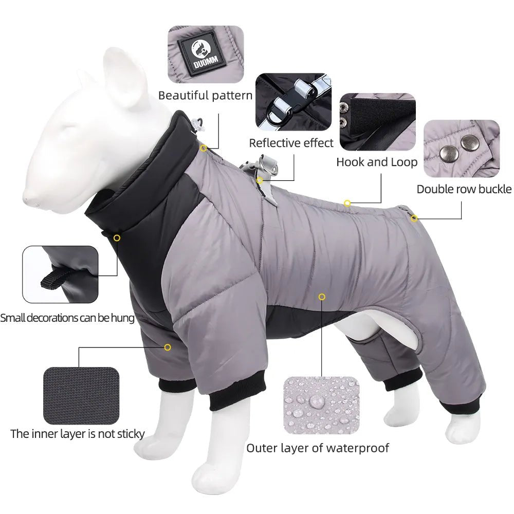 Winter Warm Dog Jacket Reflective Four Legged Clothes Outdoor Waterproof Windproof Traction Harness Jumpsuit French Bulldog Coat - Annie Paw WearWinter OutwearAnnie Paw Wear